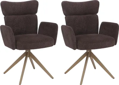 Zdjęcie produktu dla zestaw 2 krzeseł do jadalni HWC-N11, krzesło, obrotowe z funkcją automatycznego powrotu tkanina bouclé 350g/m² Oeko-Tex ~ ciemny brąz, nogi o wyglądzie drewna