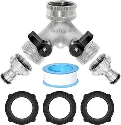 Produktbild von Y-Verteiler für Wasserhahn - 3/4 Zoll - 2-Wege Wasserverteiler mit 2 Ventilen - Inklusive 3 Dichtungsringe - Für Waschmaschine, Küche, Garten - Silber