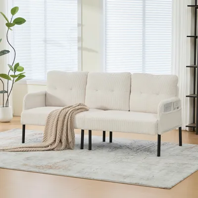 Produktbild von MODFU Sofa Cord Drei-Sitzer,Loungesofa mit hoher Rückenlehne und praktischen Seitentaschen,Stabile Metallfüße,Cord,Beige