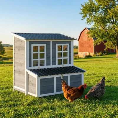 Produktbild von Hühnerstall mit Nestkasten für 4-6 Hühner, Fichtenholz, Kunststoffdach wetterfest, Hellgrau | 100 x 86 x 100 cm | 3-Kammer-Legebox | 21 kg
