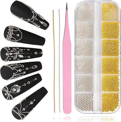 Productafbeelding van Nagelkralen Set - Kaviaar kralen - Nagelkunst Maken - Inclusief Pincet - 5680 Stuks - Goud Zilver