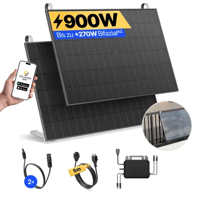 Produktbild von Balkonkraftwerk 900W Solaranlage mit Balkon Halterung Steckerfertig Komplettset Photovoltaik Anlage 800W, Kabellänge: 5m, Solakon - onLite