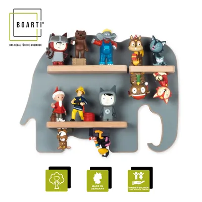 Produktbild von BOARTI Kinderregal Tier Elefant | hängend für Tonie Figuren | platzsparendes Regal | Maße: H. 24 x B. 33 x T. 5 cm | Wandregal für Figuren Aufbewahrung mit Magneteinsätzen | Aufbewahrungsregal Holz