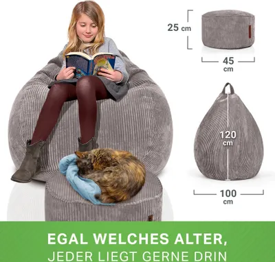 Produktbild von Green Bean® 2er Set Indoor XXL Sitzsack + Pouf mit EPS-Perlen Füllung - Fußhocker Fußkissen Hocker Bodenkissen Liegekissen Sitzkissen Lounge Chair - Grau