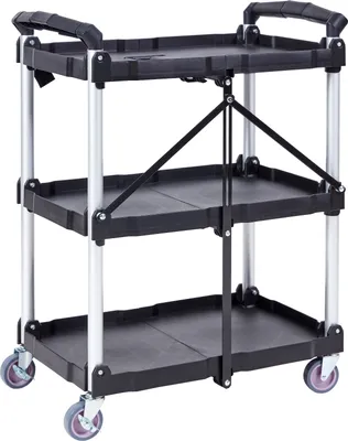 A black three-tier folding utility cart with silver legs and grey wheels, shown against a white background.