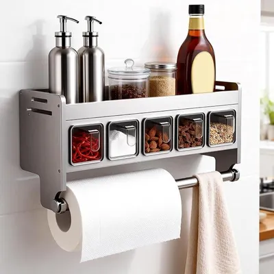 Produktbild von PolkaHome® Wandregal für Küche, Gewürzregal ohne Bohren mit 5 Gewürzdosen und Küchenrollenhalter, Organizer mit Ablage, abnehmbare