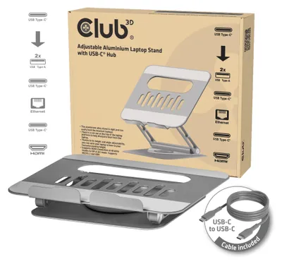 Produktbild von CLUB3D Verstellbarer Aluminium-Laptop-Ständer mit USB-C® Hub, Grau, 260 mm, 224 mm, 56 mm, 1,76 kg, 315 mm