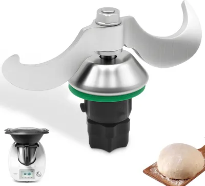 A close-up of a kitchen appliance blade attachment, with a smaller image of the appliance and a ball of dough in the background.