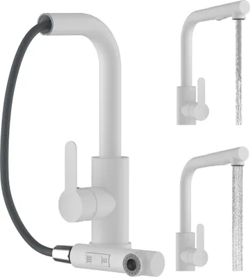 A white kitchen faucet with a pull-out spray head is shown against a white background. Two smaller images of the faucet are also present, one with water flowing.