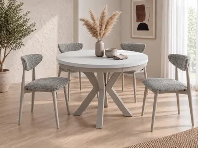Produktbild von Runder Ausziehbarer Esstisch im Loft-Stil - Industrieller Tisch mit Grau-Beige Kaschmir Metallbeinen - Platzsparender Tisch für Wohnzimmer - Weiß - 100 bis 180 cm