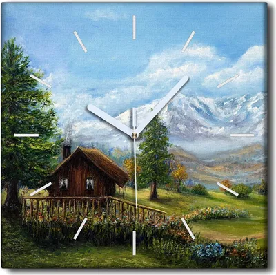 Produktbild von Coloray Uhr auf Leinwand 30x30 cm Wand Uhr Dekoration Wohnzimmer Segeltuch weiße Zeiger -Berge Wiese Landschaftshaus
