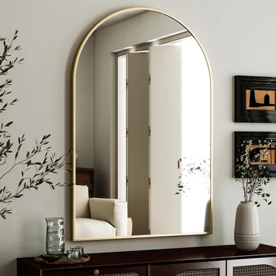 Produktbild von Gewölbter Wandspiegel 24"x36" – Badezimmerspiegel, Kosmetikspiegel mit Metallrahmen für Schlafzimmer, Eingangsbereich und Wohnzimmer, gold, 91  cm, 61 cm