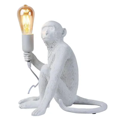 Produktbild von Tischlampe im Affen-Design aus Kunstharz, weißes Finish, Industriestil, E27-Glühbirne, ideal für modernes Nachbildung