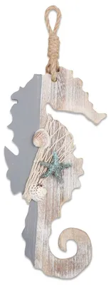 Produktbild von Holz-Seepferdchen-Dekoration – Maritime Wanddekoration mit Muscheln