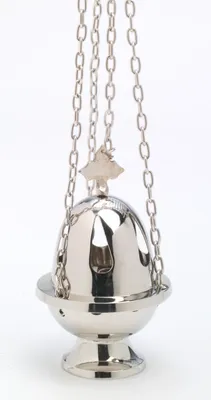 Produktbild von Weihrauchfass mit Kette zum Hängen aus Messing vernickelt Silber Höhe 16 cm mit Innenschale aus Stahl für die Räucherkohle