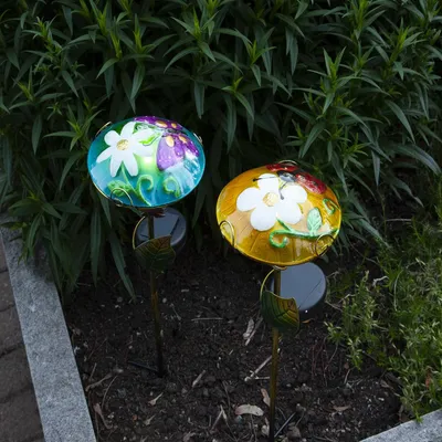 Image de LED tige solaire écran en verre - avec papillon - bleu - LED blanc froid - H : 44cm - capteur crépusculaire