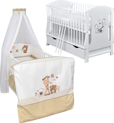Produktbild von Baby-Delux Babybett Kinderbett Lia 120x60 Teddy Wippe Weiß inkl. Schublade Bettset Komplett Safari Schaumstoffmatratze