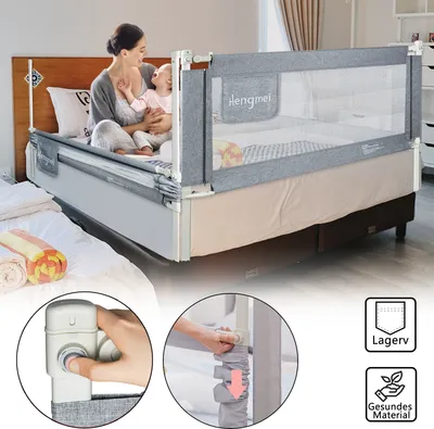 Produktbild von LARS360 150cm Kinder Bettgitter Bettschutzgitter - Höhenverstellbar Kinderbettgitter für Familienbett und Kinderbett, Rausfallschutz für Bett, Grau