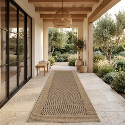 Produktbild von Paco Home In-& Outdoor Teppich Balkon Terrasse Küchenteppich Sisal Optik Bordüre Einfarbig 80x250 cm, KI-generiertes Bild