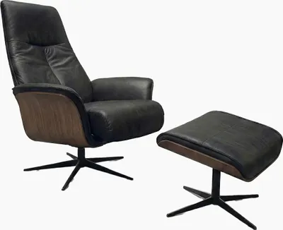 Produktbild von KAWOLA Relaxsessel FERREIRA Drehsessel Lederfaserstoff schwarz mit Hocker