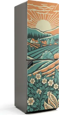 Zdjęcie produktu dla Ilustracja wschodu słońca na łące - magnetyczna osłona na lodówkę - magnetyczna osłona na lodówkę - magnes na lodówkę - samoprzylepna tablica magnetyczna - folia magnetyczna na drzwi lodówki - 60x180 cm