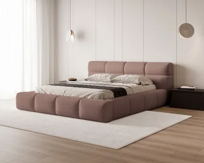 Zdjęcie produktu dla BESILIO Łóżko boucle z grubej pianki 140x200 Carlo - tkanina barankowa, łóżko z pojemnikiem i stelażem - Brązowy
