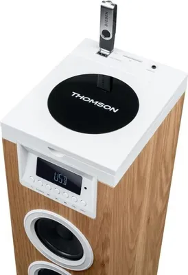 Image de Tour d'Enceinte Multimédia THOMSON, Bluetooth CD USB SD, Radio FM 60W, Caisson en Bois Blanc et Télécommande
