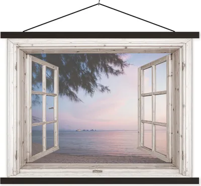 Produktbild von MuchoWow® Textilposter Aussicht - Strand - Palme 150x113 cm mit schwarzem Rahmen - Wohnzimmer