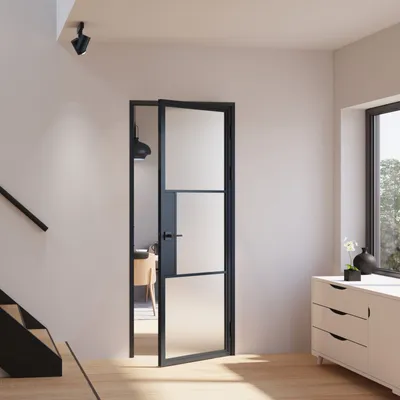 Produktbild von Schulte Zimmertür Komplettset, 830x2115 mm, DIN Rechts, Glastür satiniert mit Beschlag und Zarge aus Stahl schwarz, Drehtür mit Türklinke