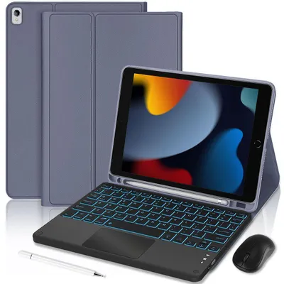 Image de Coque Clavier pour iPad 10,2" (2019/2020/2021) Synthécuir Violet avec Clavier Rétroéclairé + Souris + Stylet
