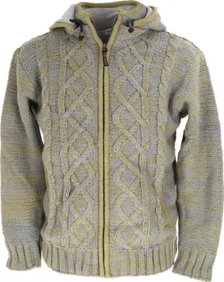 Produktbild von Uni Strickjacke, Wolljacke, Nepaljacke mit Zopfmuster, Natürlichem Baumwollfutter - Grau/grün, Herren, Wolle, Größe: XXL
