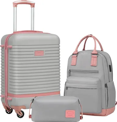 Produktbild von Koffer Trolley Koffer Reisekoffer von ABS Hartschalen Trolley 4 Rollen TSA-Schloss Der Koffer Enthält 1 Reiserucksack und 1 Kulturbeutel (Grau/Rosa)