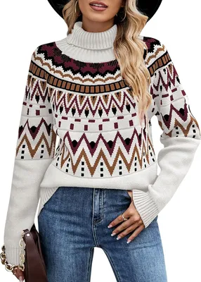 Produktbild von ASKSA Damen Pullover Rollkragenpullover Langarm Strickpullover Weihnachtspullover Rundhalsausschnitt Casual Lose Pulli Pullover Damen Winter Oberteile,Weiss,S
