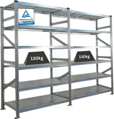 Produktbild von Fachbodenregal PROXIMO mit  Stecksystem | Komplettregal | HxBxT 210x300x60cm | 6 Ebenen | Beidseitig nutzbar | Verzinkt