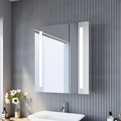 Produktbild von SONNI Edelstahl LED Flügeltür-Spiegelschränke 60x70x13cm mit Einfacher Touch-Schalter & Rasiersteckdose