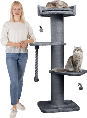 Produktbild von HAPPYPET Premium Kratzbaum Grosse Katzen Stabil 'Freddy' – 150 cm Großer Katzenbaum, Kletterbaum für Maine Coon, Natursisal, 20 cm Dicke Stämme - Grau