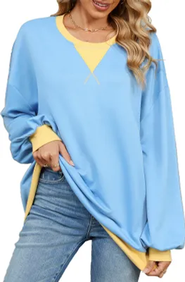 Produktbild von ASKSA Damen Sweatshirt Oversized Farbblock Rundhals Casual Langarmshirt Oberteile Herbst Y2K Shirt (Himmelblau,XL)