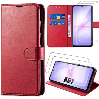 Image de Coque + 2 Verres Trempés pour Samsung Galaxy A07, Protection Rabat Anti-Rayures Antichoc Synthécuir - Rouge