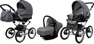 A collage of a baby stroller system, including a bassinet, a car seat, and a stroller seat, all in gray.