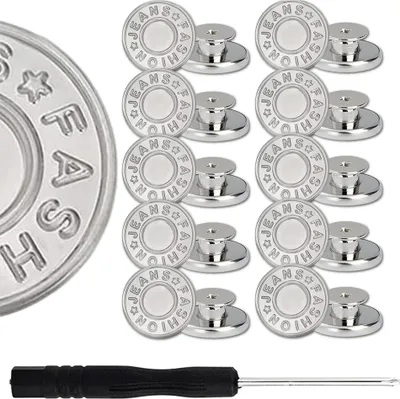 Produktbild von Set mit 10 Stück Knöpfe + Schraubendreher Metall Silber Runde Schraubknöpfe