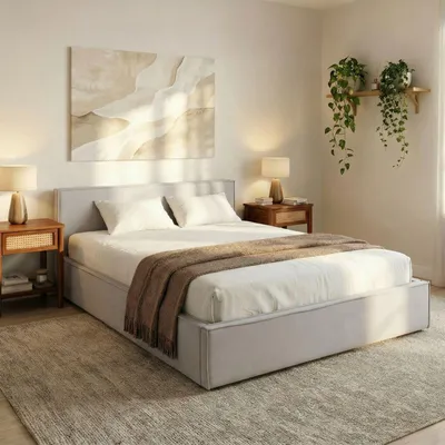 Produktbild von Polsterbett PESARO 160x200 cm, Hellgrau – modernes Doppelbett mit Lattenrost, Stoffbezug aus 100% Polyester in Leinen Optik, mit Kopfteil für Schalfzimmer