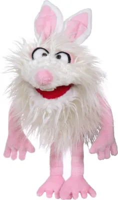 A white and pink fluffy bunny puppet with large eyes and a red mouth, standing on a white background.