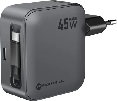 Produktbild von Forcell, 2-in-1 Ladegerät 45W GaN III USB-C mit einziehbarem Kabel, Schwarz