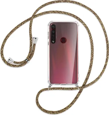 Produktbild von Handykette Backcover-Schutzhülle mit Band (Metall silberfarben) für Motorola Moto G8 Plus - braun+beige