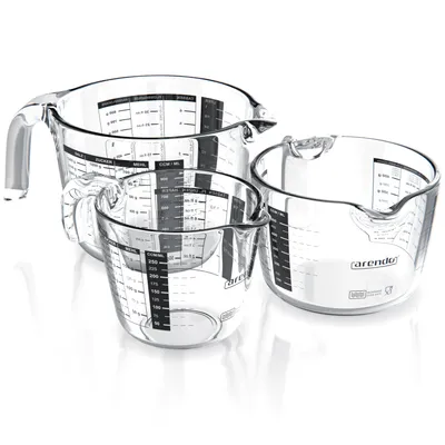 Image de Ensemble de 3 verres doseurs Arendo en verre borosilicaté, comprenant un verre doseur de 250 ml, un de 500 ml et un de 1000 ml. Résistants à la chaleur, avec graduation en ml, litres, tasses et fluid ounces. Adaptés au micro-ondes, empilables