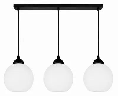 Productafbeelding van Moderne hanglamp met 3 lampen, zwart, met witte glazen kapjes – Hanglamp E27, gemaakt van metaal en glas (N-KDE-BZ3), AI-gegenereerde afbeelding