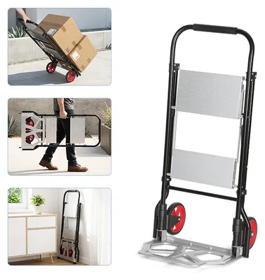 Image de Charrette 2 en 1 pour escaliers, avec chariot de transport pliable et échelle pliante à 2 marches, capacité de charge : 80 kg (chariot), 150 kg (échelle), couleur : noir et argent