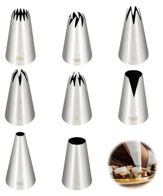 Productafbeelding van Spuitmondjes set, 8 stuks, roestvrij staal, groot, voor taarten, cupcakes en churros