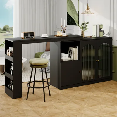 A modern black bar table with a rotating extension, a stool, and a coffee maker in a well-lit room.