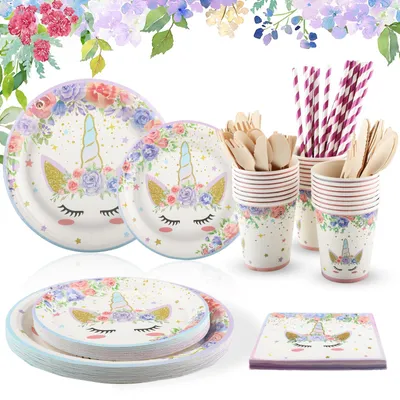 Immagine prodotto di Set di stoviglie per feste a tema unicorno, 200 pezzi, per 25 bambini, colore rosa, ideale per feste di compleanno